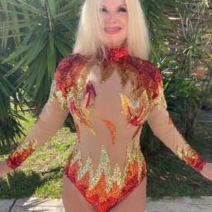 Stunning Nude Illusion Red/Orange/Gold Flame Sequin Costume for Dance